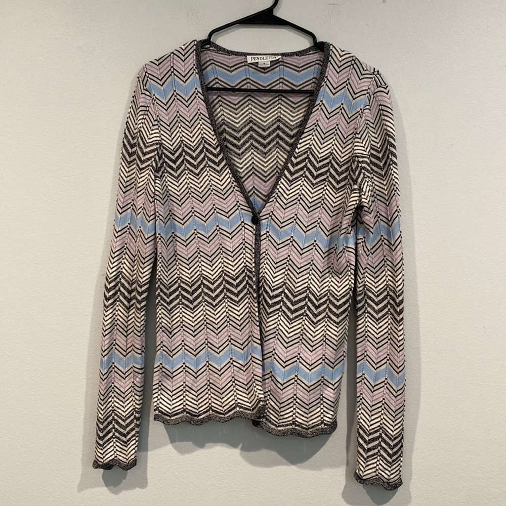 Pendleton Black, Blue, and Pink Chevron Silk Knitted Sweater - Size Small